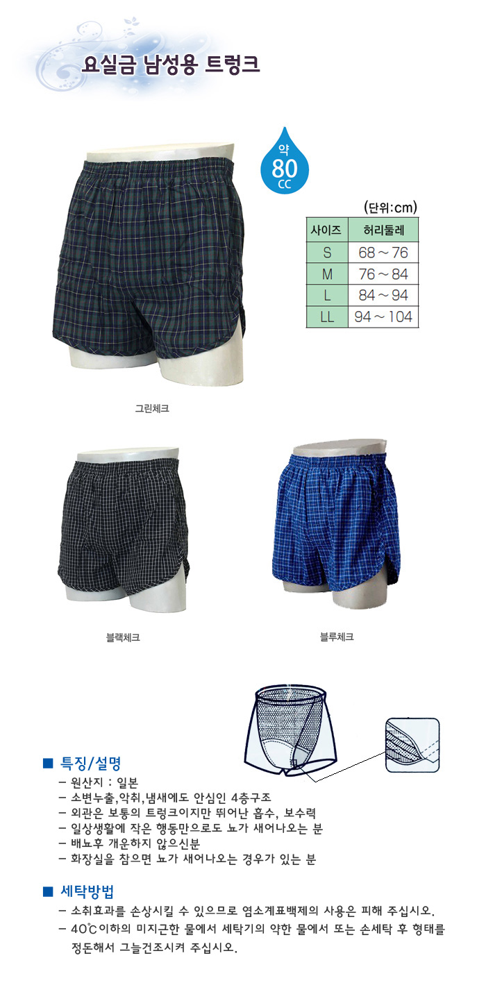 남성용 요실금팬티 트렁크(약80cc)(그린체크)